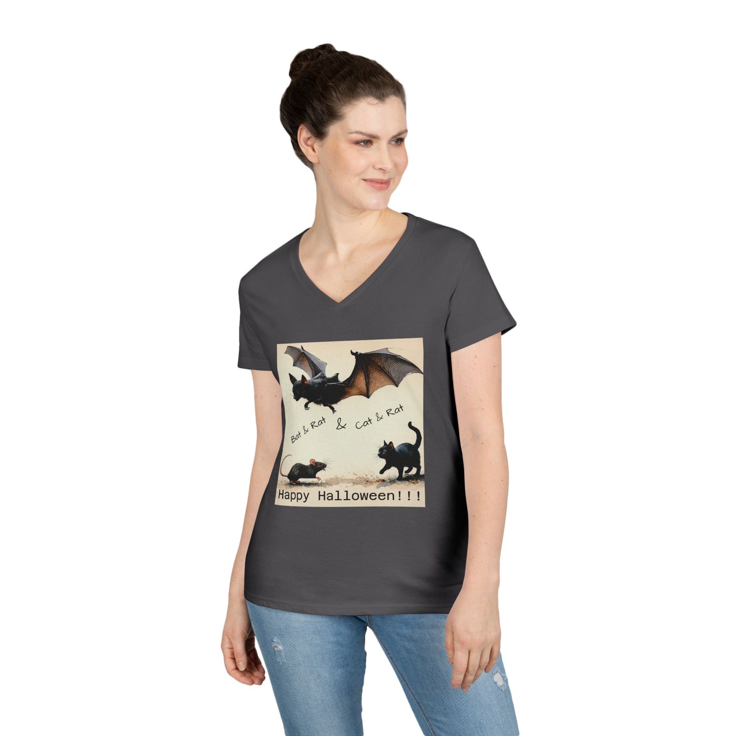 Novelty Tee Halloween Cat & Bat V-Neck Tee, Women's Halloween Shirt, Spooky Graphic Tee, Cute Halloween Outfit