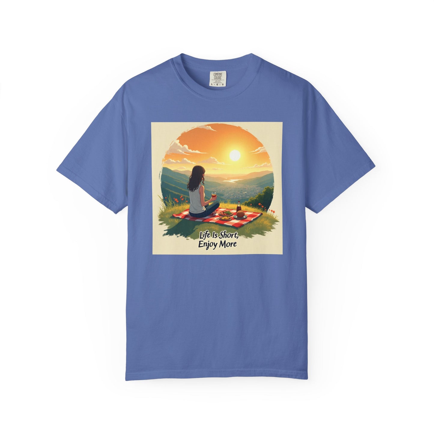 Sunset Meditation T-Shirt | Life is Short Enjoy More Tee, Unisex Cotton Shirt, Relaxation Apparel, Birthday Gift, Mindfulness Clothing